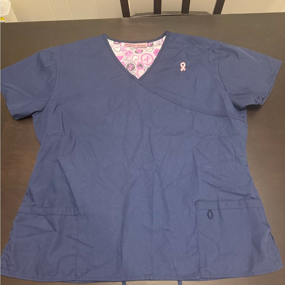 Green town blue scrub top cancer awareness size 2X